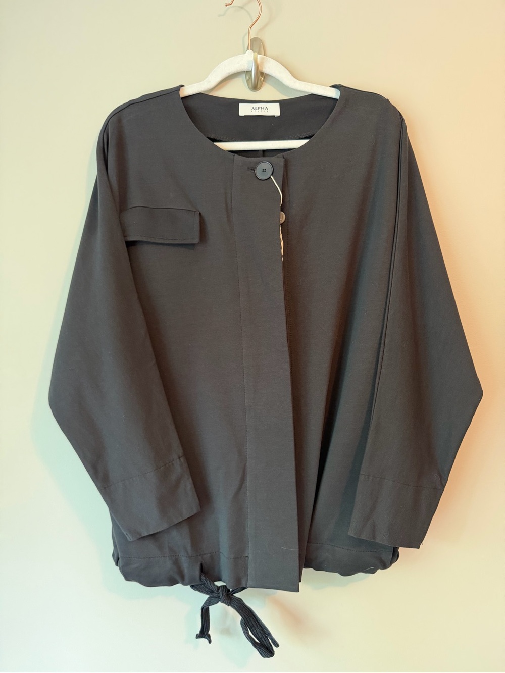Alpha Studio Black Button Front Drawstring Collarless Jacket Sz IT 44/ US 8 NWT